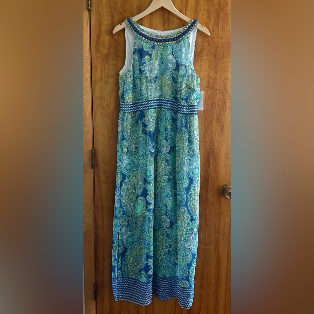 Sandra Darren Teal and Blue Paisley Patterned Dress with Neck Line Embellishment